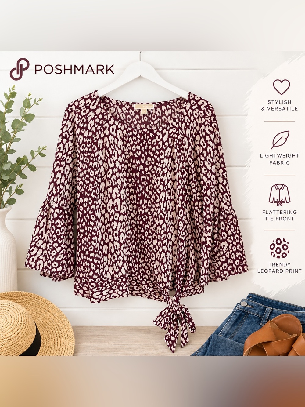 Michael Kors Burgundy and Cream Leopard-Print Tie-Hem Blouse